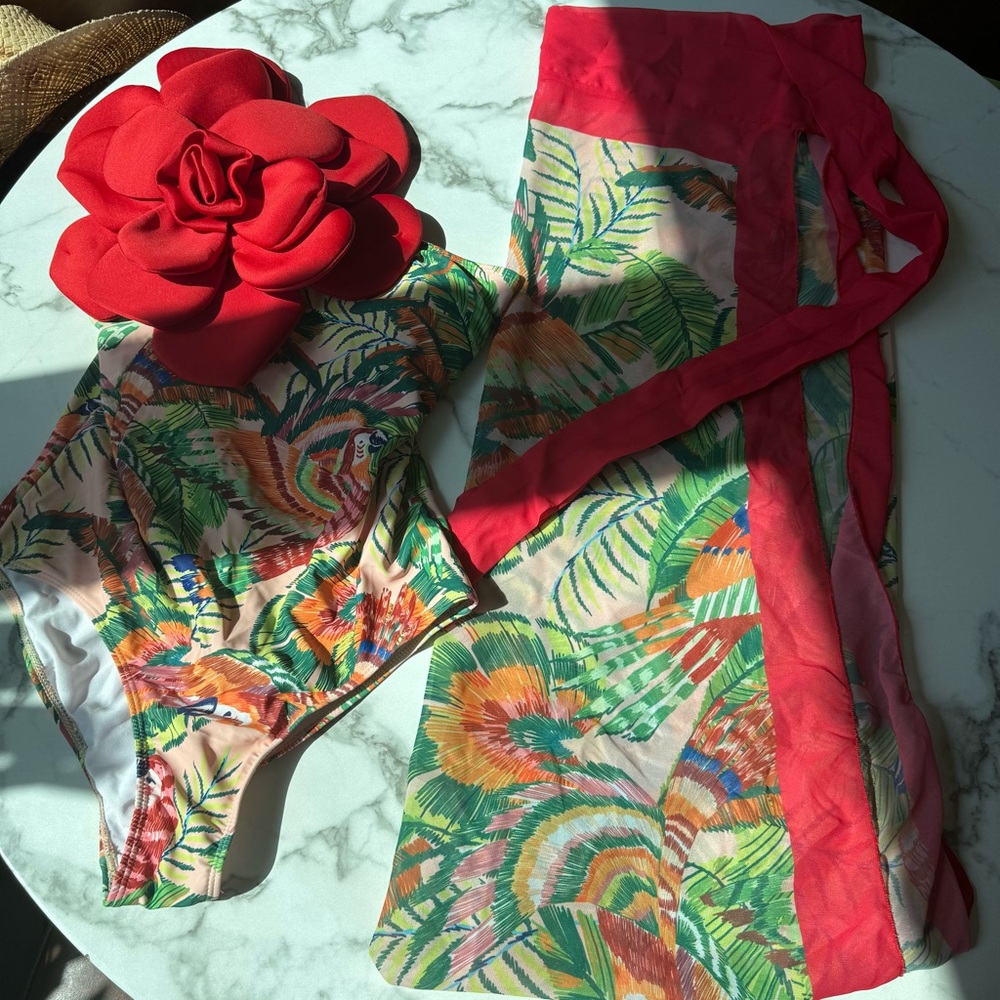Tropical Print Swimsuit and Sarong Set